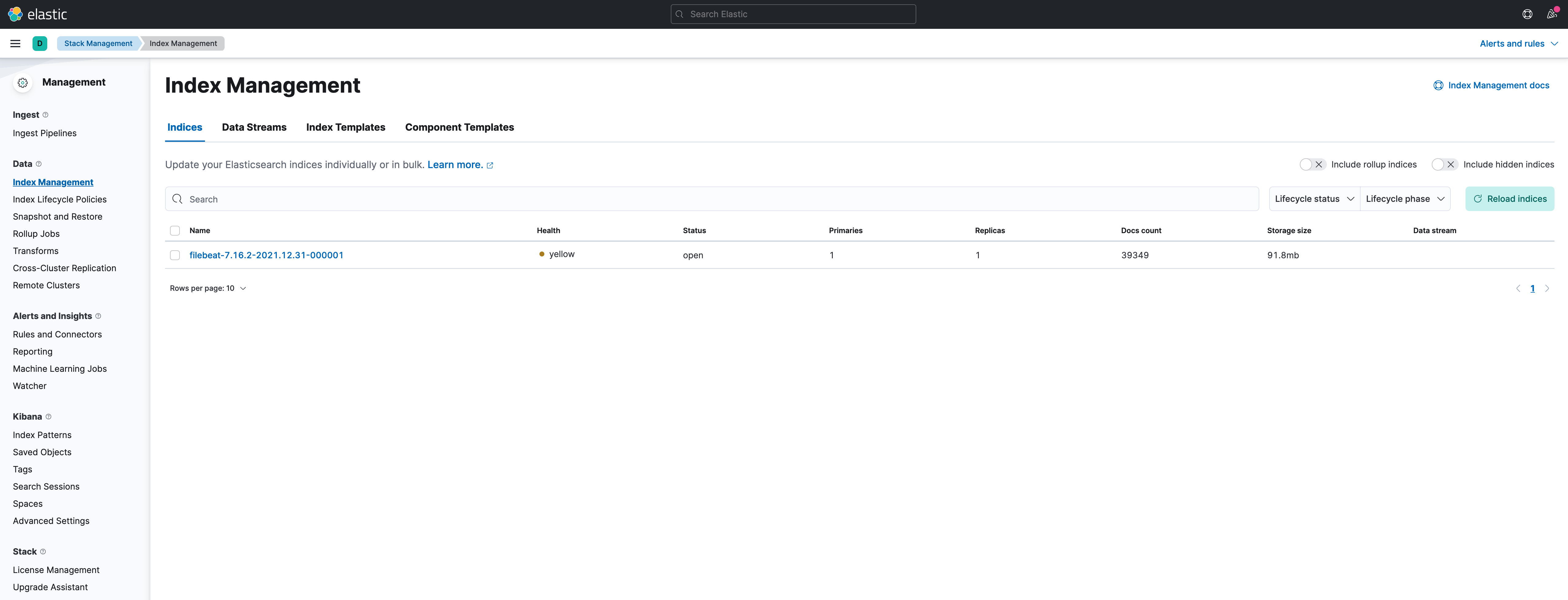 CANCHITO-DEV: Kibana's Stack Management > Index Management with Filebeat's index