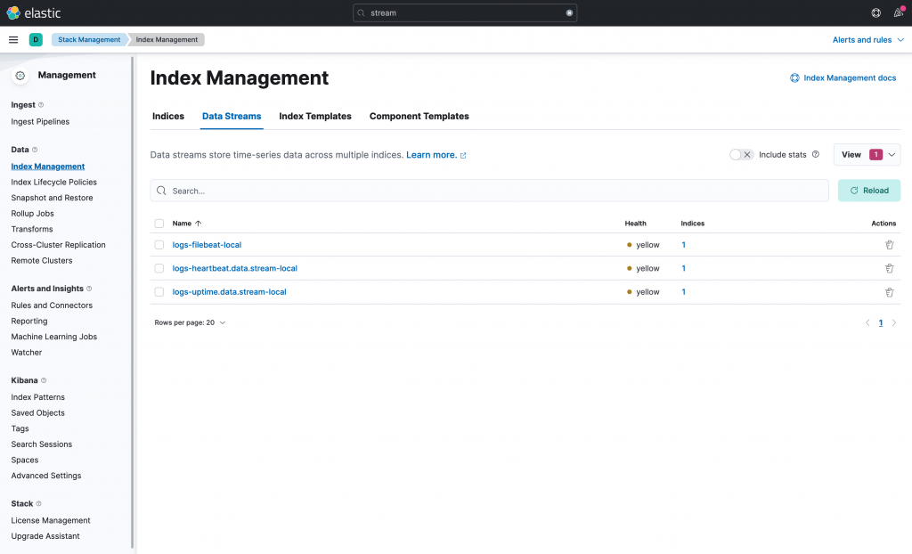 CANCHITO-DEV: Kibana's Stack Management > Index Management > Data Streams